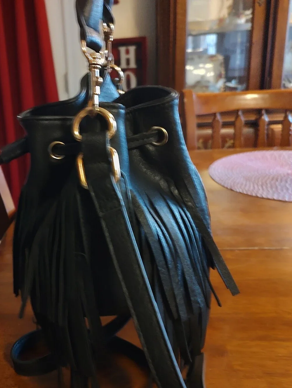 Black Fringe Bucket Crossbody Bag - Unbranded